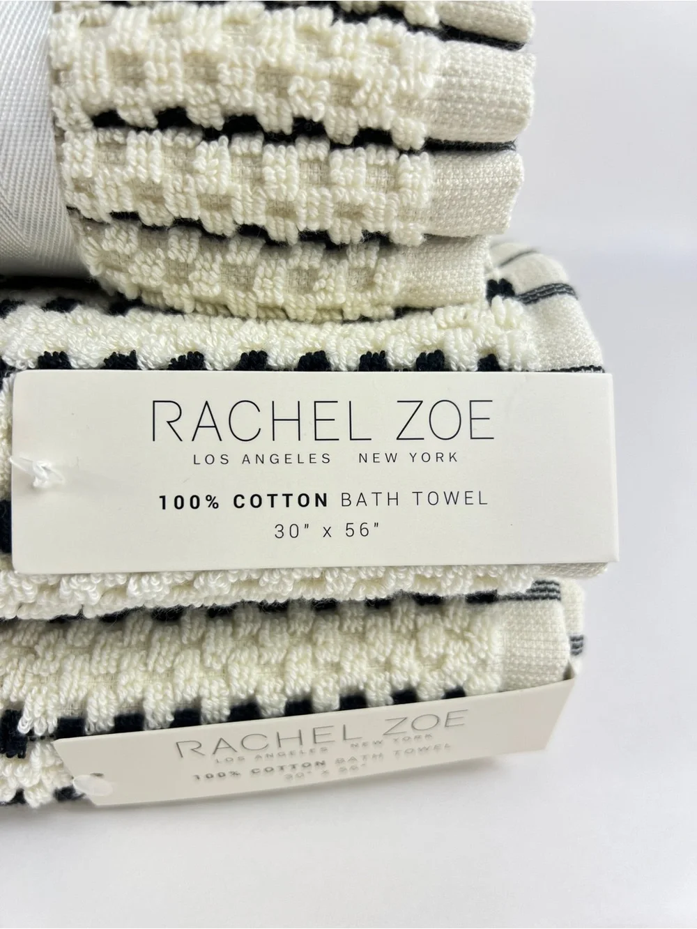 Rachel Zoe Bath Towel Set Black & Cream Striped Dots Soft 100% Cotton 8 Pc NEW